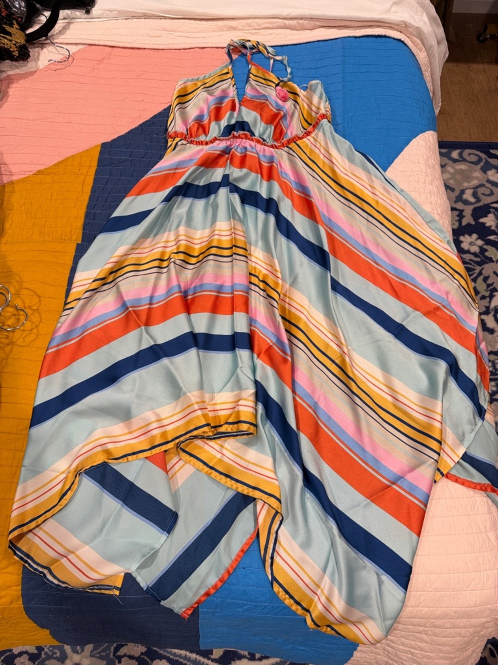 Unique Vintage Aakaa Striped Halter Maxi Handkerchief Dress in Coral Navy & Mint